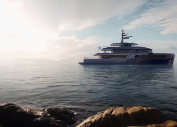Rendering di un motoryacht dallo scafo blu scuro in mare calmo, visto di profilo, con scogli in primo piano e cielo luminoso